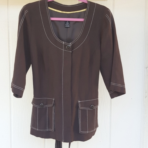 10 SCOTT TAYLOR LINED DARK BROWN BOLD WHITE STITCH BELTED UTILITY JACKET - Picture 4 of 16
